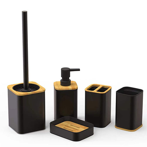 Square bamboo stainless steel bathroom set soap dispenser factory