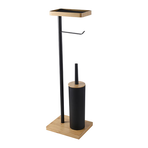Freedstanding toilet brush and paper holder with steel bamboo phone shelf