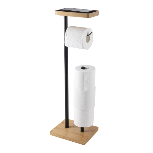 Black white wooden toilet paper stand with reserve phone shelf